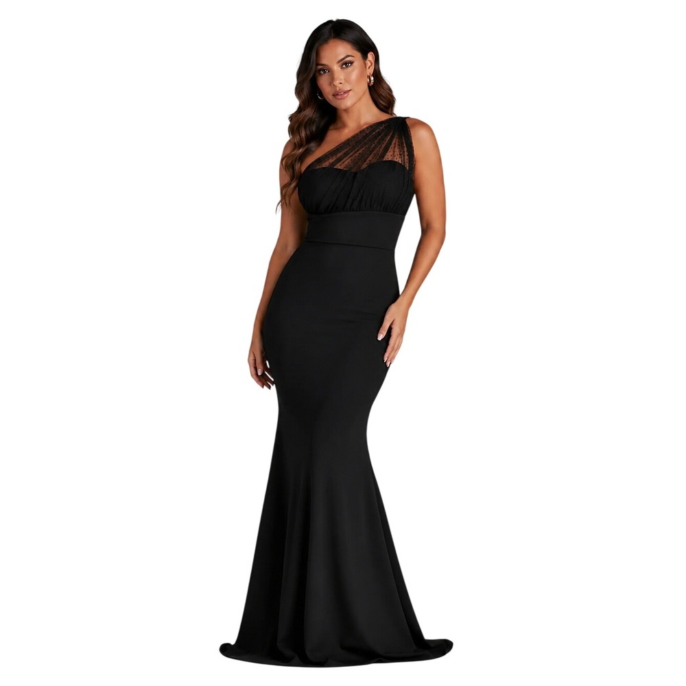 Windsor Black One Shoulder Polka Dot Mesh Mermaid Gown Maxi Dress Size Small
